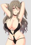  1girl armpits arms_behind_head black_choker black_one-piece_swimsuit brown_eyes choker closed_mouth commentary_request grey_background grey_hair guchiaki hair_between_eyes long_hair looking_at_viewer lycoris_recoil nakahara_mizuki navel o-ring o-ring_swimsuit one-piece_swimsuit one_eye_closed over-rim_eyewear presenting_armpit red-framed_eyewear semi-rimless_eyewear simple_background solo swimsuit wavy_hair 