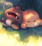  artist_name blush blush_stickers closed_eyes commentary_request crossover day fangs goomba grass highres kirby_(series) lying mario_(series) no_humans nose_bubble on_grass on_stomach open_mouth outdoors shade sleeping sleeping_upright suyasuyabi tree tree_shade twitter_username v-shaped_eyebrows waddle_dee 