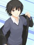  1girl amagami black_eyes black_hair black_jacket blazer blue_sweater clenched_teeth collared_shirt highres jacket kibito_high_school_uniform long_sleeves nanasaki_ai off_shoulder open_clothes open_jacket school_uniform shirt short_hair smile solo sweater takenoko_saba_otto teeth white_shirt 