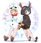  2girls :3 alternate_costume animal_costume animal_ears antlers bike_shorts black_hair blonde_hair blue_eyes boots brown_footwear brown_shorts brown_sweater cat_ears cat_girl cat_tail chis_(js60216) christmas deer_ears deer_tail extra_ears fake_animal_ears fake_tail fang highres hood hood_up horns kaban_(kemono_friends) kemono_friends loafers long_sleeves multiple_girls one_eye_closed open_mouth paw_print_soles red_scarf reindeer_antlers reindeer_costume scarf serval_(kemono_friends) serval_print shoes short_hair shorts snowman_costume sweater tail white_sweater yellow_eyes 