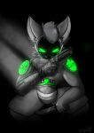 4_eyes activision anthro black_ops bo2 c.a.m. call_of_duty canid canine canis cod coofie cybernetics digital_media_(artwork) dual_eyes fingers fur gradient_background green_body green_eyes grey_body grey_fur gun hair handgun hi_res holding_gun holding_object holding_weapon knife looking_at_viewer machine male mammal military multi_eye pattern_arm pistol protogen ranged_weapon revolver robot_arm robotic_arm screen screen_face simple_background smile solo spec_ops special_forces weapon yuri_chacal