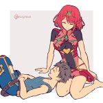  1boy 1girl barefoot belt blue_shirt breasts brown_belt brown_hair chest_jewel closed_eyes closed_mouth highres jewelry lap_pillow large_breasts lying mochimochi_(xseynao) on_back open_mouth pyra_(xenoblade) red_hair rex_(xenoblade) shirt short_hair short_sleeves shorts simple_background sleeping smile swept_bangs tiara twitter_username xenoblade_chronicles_(series) xenoblade_chronicles_2 