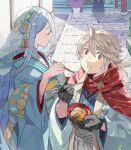  1boy 1girl :t aisutabetao azura_(new_year)_(fire_emblem) blue_hair closed_eyes corrin_(male)_(new_year)_(fire_emblem) eating fire_emblem fire_emblem_fates fire_emblem_heroes food gloves hair_between_eyes highres holding holding_food japanese_clothes kimono long_hair looking_at_viewer official_alternate_costume pointy_ears red_eyes scarf short_hair white_hair 