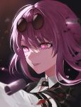  1girl black_jacket blood blood_on_face collared_shirt eyewear_on_head hair_between_eyes highres honkai:_star_rail honkai_(series) jacket kafka_(honkai:_star_rail) looking_to_the_side parted_lips pince-nez portrait purple_eyes purple_hair round_eyewear shell_casing shirt smile solo ss_sino1107 