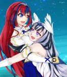  2girls alear_(female)_(fire_emblem) alear_(fire_emblem) black_hair blue_background blue_eyes blue_hair feather_dress feather_hair_ornament feathered_wings feathers fire_emblem fire_emblem_engage hair_ornament heterochromia highres hug looking_at_another multicolored_hair multiple_girls open_mouth purple_eyes red_eyes red_hair ribbon siblings simple_background sisters smile symoca veyle_(fire_emblem) white_hair wings 