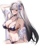  1girl arm_behind_head arm_up azur_lane bare_shoulders bikini black_choker black_hair blue_flower blush breasts choker closed_mouth collarbone cropped_legs dunkerque_(azur_lane) dunkerque_(summer_sucre)_(azur_lane) eichi_(yashokuya) flower gradient_hair grey_hair hair_flower hair_ornament hairband high_ponytail highres large_breasts lips long_hair looking_at_viewer multicolored_hair navel official_alternate_costume purple_bikini red_eyes simple_background sketch solo stomach swept_bangs swimsuit white_background white_hairband 