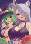  2girls animal_ears antlers black_choker black_dress black_gloves black_nails black_shirt blush bokuboyarts breasts chibi choker cleavage cleavage_cutout clothing_cutout crop_top dress fang fingerless_gloves gecko_zen gloves green_eyes green_hair grey_hair hair_over_one_eye hand_on_own_chest haruka_karibu hat heart_cutout highres horns large_breasts long_hair looking_at_viewer multiple_girls nail_polish open_mouth red_eyes reindeer_antlers reindeer_girl shirt smile teeth upper_teeth_only v virtual_youtuber vshojo witch witch_hat wolf_ears wolf_girl zentreya zentreya_(werewolf) 