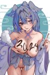  1girl 2024 absurdres bare_shoulders blue_eyes blue_hair body_writing breasts chinese_zodiac egasumi elira_pendora elira_pendora_(2nd_costume) fang fur_trim head_wings heterochromia highres holding holding_paintbrush japanese_clothes jewelry key large_breasts looking_at_viewer naokomama necklace nijisanji nijisanji_en nipples official_alternate_costume open_clothes paintbrush pointy_ears short_hair simple_background smile solo virtual_youtuber wings year_of_the_dragon 