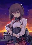  aa_gun blush bow_(weapon) brown_eyes brown_hair crossbow fire flat_chest headband headgear infinote kantai_collection looking_at_viewer night open_mouth pleated_skirt short_hair skirt solo taihou_(kantai_collection) weapon 