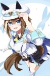  1girl :d animal_ears ascot black_shorts black_socks blue_eyes brown_hair cheval_grand_(umamusume) ears_through_headwear empty_gerbera gloves hair_between_eyes hat hat_belt highres horse_ears horse_girl horse_tail jacket leg_up looking_at_viewer multicolored_hair peaked_cap short_hair shorts single_glove smile socks solo streaked_hair tail twitter_username umamusume white_footwear white_gloves white_hair white_headwear white_jacket yellow_ascot 