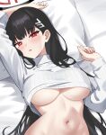  1girl bed_sheet black_hair blue_archive blush breasts bright_pupils hair_ornament hairclip halo highres large_breasts long_hair long_sleeves looking_at_viewer mechanical_halo navel parted_lips pillow raimu_(clanberry000) red_eyes ribbed_sweater rio_(blue_archive) solo sweater turtleneck turtleneck_sweater underboob white_pupils white_sweater 