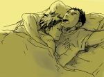  2boys aikawa_(dorohedoro) artist_request colored_tips couple cuddling dorohedoro drooling facial_mark lying male_focus medium_sideburns mouth_drool multicolored_hair multiple_boys no_eyebrows on_back on_bed open_mouth risu_(dorohedoro) shirt t-shirt thick_eyebrows unfinished upper_body yaoi yellow_theme 