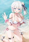  .live 1girl alternate_costume antenna_hair beach blue_eyes blush breasts cleavage collarbone dennou_shoujo_youtuber_siro flower grey_hair hair_between_eyes hair_flower hair_ornament highres kneeling large_breasts looking_at_viewer medium_hair navel ocean sandals siro_(dennou_shoujo_youtuber_siro) solo swimsuit twitter_username virtual_youtuber x_hair_ornament yana_mori 