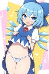  1girl blue_bow blue_dress blue_eyes blue_hair blush bow cirno collared_shirt cowboy_shot detached_wings dress fairy hair_between_eyes hair_bow highres ice ice_wings open_mouth panties puffy_short_sleeves puffy_sleeves rizento shirt short_hair short_sleeves solo striped_clothes striped_panties touhou underwear white_shirt wings 
