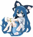  1girl 76gpo black_bow blue_hair blue_skirt blue_sleeves bow bracelet debt full_body hair_bow highres jewelry long_hair short_sleeves simple_background skirt solo touhou very_long_hair white_background yorigami_shion 