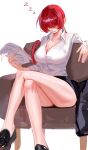  1girl absurdres armchair bare_legs black_footwear black_skirt breasts chair cleavage collared_shirt crossed_legs dan_koflove drooling hair_over_eyes highres holding holding_paper large_breasts legs long_sleeves paper pencil_skirt ponytail red_hair shermie_(kof) shirt shoes simple_background sitting skirt sleeping solo the_king_of_fighters white_background white_shirt zzz 