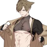  1boy angry animal_ears blue_eyes clenched_teeth collarbone covered_nipples dog_boy dog_ears facing_viewer fingerless_gloves glaring gloves highres jujeop large_pectorals leon_s._kennedy light_brown_hair looking_at_viewer male_focus muscular muscular_male navel off_shoulder pectorals puffy_nipples resident_evil resident_evil_4 resident_evil_4_(remake) see-through see-through_shirt short_hair solo teeth upper_body white_background 