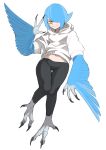  1girl absurdres animal_hands animal_legs bird_girl bird_legs black_nails black_pants blue_hair blue_wings closed_mouth clothes_lift feathered_wings flipped_hair flying hair_over_one_eye hand_up highres hood hood_down hoodie hoodie_lift looking_at_viewer midriff_peek one_eye_covered original pants short_hair short_sleeves simple_background smile solo sumosamo talons thigh_gap tight_clothes tight_pants w white_background white_hoodie winged_arms wings yellow_eyes yoga_pants 