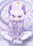  1girl animal_ears boots bow bowtie dragon_girl dragon_horns dragon_tail elbow_gloves extra_ears fang fingerless_gloves gloves highres horns kemono_friends kosai_takayuki long_hair looking_at_viewer purple_eyes purple_hair shirt simple_background skirt solo tail thighhighs white_dragon_(kemono_friends) 