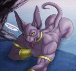 anthro athletic beerus bracelet butt domestic_cat dragon_ball dragon_ball_super ear_piercing ears_up english_text felid feline felis hairless hairless_cat hi_res jewelry looking_at_viewer male mammal necklace nude piercing pinup pose smile solo spanish_text sphynx_(cat) tail text tongue tongue_out waterfall zwolf