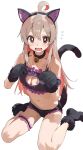  1girl ahoge alternate_breast_size animal_ears animal_hands bare_shoulders bell black_bra black_panties blush bra breasts bright_pupils brown_eyes cat_cutout cat_ears cat_lingerie choker cleavage_cutout clothing_cutout collarbone colored_inner_hair commentary double-parted_bangs embarrassed fake_animal_ears fake_tail flying_sweatdrops genderswap genderswap_(mtf) gloves hair_between_eyes hands_up highres light_brown_hair long_hair looking_at_viewer medium_breasts meme_attire multicolored_hair navel neck_bell onii-chan_wa_oshimai! open_mouth oyama_mahiro panties paw_gloves paw_shoes pink_hair red_choker simple_background sitting solo stomach sweat tail thigh_strap two-tone_hair underwear ushiwaka wariza wavy_mouth white_background white_pupils 