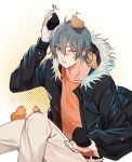  100_(artist) 1boy akira_(togainu_no_chi) animal_on_head bird bird_on_hand bird_on_head bishounen blue_eyes eyelashes fur-trimmed_hood fur-trimmed_jacket fur_trim grey_hair hair_between_eyes highres hood jacket knees_up light_blush looking_up male_focus on_head one_eye_closed open_clothes open_jacket orange_shirt pants polka_dot polka_dot_background shirt short_hair simple_background sitting solo sound_effects sweatdrop togainu_no_chi white_pants 