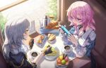  2girls absurdres anger_vein black_choker black_gloves black_jacket blue_eyes bread cake camera choker coffee coffee_mug commentary_request cup food gloves grey_hair highres holding holding_camera honkai:_star_rail honkai_(series) ice_cream indoors jacket long_hair march_7th_(honkai:_star_rail) mo_ying_yu mug multiple_girls open_mouth pink_hair purple_eyes shirt stelle_(honkai:_star_rail) table trailblazer_(honkai:_star_rail) two-tone_eyes upper_body white_shirt yellow_eyes 