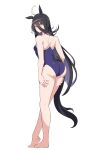  1girl absurdres ahoge alternate_costume animal_ears ass bails bare_arms bare_legs bare_shoulders barefoot black_hair blank_stare blue_one-piece_swimsuit blush breasts closed_mouth collarbone commentary_request competition_school_swimsuit double-parted_bangs earrings from_above full_body hair_between_eyes hands_on_own_thighs highres horse_ears horse_girl horse_tail jewelry long_hair looking_at_viewer manhattan_cafe_(umamusume) one-piece_swimsuit school_swimsuit simple_background single_earring small_breasts solo straight_hair swimsuit tail thighs umamusume white_background yellow_eyes 