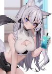  1girl animal_ear_fluff animal_ears bebe_(bebe_pp) belt black_belt black_hair black_ribbon black_shorts blurry blurry_background breasts cleavage cleavage_cutout clothing_cutout commission crop_top cup drinking_straw grey_hair hair_ribbon highres holding holding_cup indie_virtual_youtuber long_hair mochita_ren multicolored_hair purple_eyes ribbon second-party_source shirt shorts skeb_commission sleeveless sleeveless_shirt solo streaked_hair tail white_shirt wolf_ears wolf_girl wolf_tail 