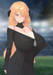  1girl bare_shoulders black_coat black_pants blonde_hair blush breasts cleavage coat cynthia_(pokemon) fur_collar grey_eyes hair_ornament hair_over_one_eye highres huge_breasts long_hair long_sleeves moebell off_shoulder pants pokemon pokemon_dppt solo 