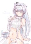  1girl alternate_costume aran_legwear black_hairband detached_sleeves fuyutsuki_(kancolle) garter_straps grey_eyes hairband kantai_collection koshigaya_tatsumi long_hair meme_attire navel one-hour_drawing_challenge one_side_up panties ribbed_legwear ribbed_panties ribbed_sleeves ribbed_sweater ribbed_thighhighs side-tie_panties simple_background sleeveless sleeveless_sweater sleeveless_turtleneck solo sweater turtleneck turtleneck_sweater underwear untied_panties virgin_destroyer_sweater white_background white_garter_straps white_hair white_panties white_sweater 