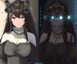  1girl alternate_costume assault_rifle breasts brown_hair commentary dgkamikaze english_commentary english_text girls&#039;_frontline goggles green_eyes green_hair gun habit heart highres large_breasts long_hair long_sleeves looking_at_viewer m4a1_(girls&#039;_frontline) meme multicolored_hair night_vision_device nun pouch rifle smile spoken_heart streaked_hair traditional_nun twitter_username two-tone_hair weapon 