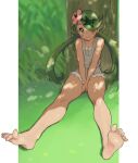  1girl bare_legs bare_shoulders barefoot between_legs breasts cleavage collarbone commentary_request day eyelashes feet flower foot_focus foreshortening grass green_eyes green_hair grey_shorts hair_flower hair_ornament hair_over_one_eye hand_between_legs hori_shin legs long_hair looking_at_viewer mallow_(pokemon) on_ground one_eye_covered outdoors overall_shorts overalls pink_flower pokemon pokemon_sm shadow short_shorts shorts small_breasts smile soles solo spread_toes swept_bangs toenails toes torn_clothes torn_shorts twintails wiggling_toes 