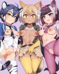  3girls :3 ahoge american_flag american_flag_print animal_ears animal_print arm_at_side ass_visible_through_thighs bat_ears bat_girl bat_wings belt black_hair blue_hair blunt_bangs bottomless breasts breasts_out brown_hair censored center_opening clothes_lift collared_shirt dark-skinned_female dark_nipples dark_skin elbow_gloves extra_ears fangs fingernails flag_print forked_eyebrows garter_belt garter_straps georugu13 gloves grey_hair hair_between_eyes hand_up head_wings heart heart_censor highres kemono_friends kemono_friends_3 lifted_by_self light_brown_hair low_wings maltese_tiger_(kemono_friends) medium_breasts medium_hair miniskirt multicolored_hair multiple_girls navel necktie nipples no_bra no_panties no_pants open_clothes open_shirt pantyhose plaid_sleeves plaid_trim print_thighhighs purple_background purple_eyes purple_hair purple_pantyhose pussy shirt shirt_lift shirt_under_shirt short_hair side-by-side simple_background skirt skirt_lift small_breasts smile spread_legs standing standing_on_one_leg stomach tail thigh_gap thighhighs tiger_ears tiger_girl tiger_print tiger_tail torn_clothes torn_pantyhose white_hair white_tiger_print wing_collar wings yellow_eyes yellow_thighhighs 