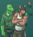 &lt;3 anthro beastars blue_bottomwear blue_clothing blue_pants bottomwear brown_hair clothing crossed_arms duo equid equine ffog gosha_(beastars) green_background green_bottomwear green_clothing green_pants green_shirt green_topwear hair hi_res holster horse long_hair male mammal number pants retweet shirt simple_background tank_top topwear underwear white_clothing white_shirt white_tank_top white_topwear white_underwear yafya_(beastars)