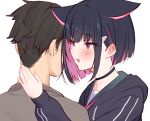  1boy 1girl animal_ears black_choker black_hair black_jacket blue_archive blush cat_ears choker colored_inner_hair extra_ears hair_ornament hairclip highres hood hood_down hooded_jacket jacket kazusa_(blue_archive) long_sleeves multicolored_hair open_mouth pink_hair red_eyes sensei_(blue_archive) short_hair simple_background white_background yata_mawari 