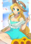  1girl aged_up blonde_hair blue_dress blush breasts cleavage closed_mouth dress earrings flower green_eyes hat highres index_finger_raised jewelry kalinka_cossack_(mega_man) large_breasts looking_at_viewer mega_man_(classic) mega_man_(series) mega_man_4 smile solo sun_hat sunflower tobitori 