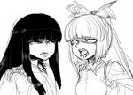  angry annoyed bags_under_eyes bangs blunt_bangs bow clenched_teeth eyebrows_visible_through_hair face-to-face frown fujiwara_no_mokou greyscale hair_bow half-closed_eyes hime_cut houraisan_kaguya long_hair looking_at_another monochrome multiple_girls open_mouth sidelocks simple_background sketch space_jin teeth touhou white_background 