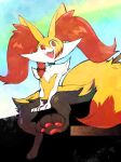 2024 anthro black_body black_fur braided_hair braided_ponytail braixen canid canine cheek_tuft chest_tuft collar collar_only digitigrade dipstick_tail facial_tuft fangs female fluffy fluffy_tail fur generation_6_pokemon hair hi_res inner_ear_fluff low-angle_view mammal markings nintendo nude open_mouth open_smile pardonne pawpads pokemon pokemon_(species) ponytail red_body red_eyes red_fur red_nose red_pawpads signature sitting smile snout solo stick tail tail_markings teeth thwillartz tongue tuft watermark white_body white_fur yellow_body yellow_fur