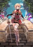  absurdres armor bare_shoulders blonde_hair detached_sleeves double_bun flower gloves greaves highres looking_at_viewer original purple_eyes qbspdl smile solo sword thighhighs weapon white_gloves white_legwear 