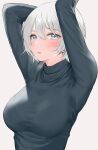  1girl absurdres arms_up black_sweater blue_eyes blurry blush bra_visible_through_clothes bralines breasts ear_piercing grey_hair hair_between_eyes highres kurokin long_sleeves looking_at_viewer medium_breasts open_mouth original piercing short_hair simple_background solo sweater taut_clothes taut_sweater turtleneck turtleneck_sweater upper_body white_background white_hair 