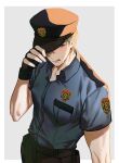  1boy absurdres blonde_hair blue_eyes blush border fingerless_gloves gloves grey_background hat highres jujeop leon_s._kennedy licking_lips looking_at_viewer male_focus muscular muscular_male police police_hat police_uniform resident_evil resident_evil_2 resident_evil_2_(remake) short_hair smile solo suggestive_fluid tongue tongue_out uniform upper_body white_border 