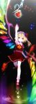  apple arm_up ascot blonde_hair darkness flandre_scarlet food fruit glowing glowing_wings hat hat_ribbon laevatein light_particles mob_cap puffy_sleeves reaching red_eyes ribbon sanso shirt short_sleeves side_ponytail skirt skirt_set snake solo touhou vest waves wings 