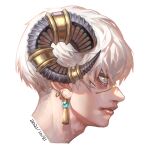  1boy absurdres adam&#039;s_apple blue_eyes closed_mouth cropped_shoulders curled_horns dated earrings from_side highres horn_ornament horn_ring horns jewelry lips looking_ahead male_focus multicolored_eyes multiple_earrings original portrait profile redrawn sheep_horns short_hair simple_background solo sumosamo tassel tassel_earrings white_background white_hair yellow_eyes 