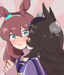  &gt;_&lt; 2girls 39kyukochan @_@ ahoge animal_ears blue_headwear blush brown_hair facing_viewer from_side grey_eyes grey_hairband hairband horse_ears horse_girl long_hair mihono_bourbon_(umamusume) multiple_girls purple_serafuku rice_shower_(umamusume) school_uniform serafuku spoken_blush tilted_headwear tracen_school_uniform umamusume upper_body 