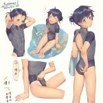  1boy adjusting_clothes adjusting_swimsuit arm_support arms_at_sides arms_behind_head ass back_cutout bikini_tan black_hair blue_eyes clothing_cutout covered_navel cropped_legs cropped_torso dated facial_mark facing_viewer grey_one-piece_swimsuit hair_bun highres holding holding_towel kiyonagi kusanagi_(kiyonagi) looking_at_viewer looking_back looking_down male_focus mouth_hold multiple_views one-piece_swimsuit open_mouth original pink_ribbon ribbon short_hair simple_background single_hair_bun sitting skin_tight soaking_feet speech_bubble standing swimsuit tan tanlines towel tying_hair water wet white_background 