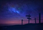  alu.m_(alpcmas) fence_post gradient_sky night night_sky no_humans original outdoors purple_sky scenery sign sky sky_focus star_(sky) starry_sky 