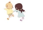  akiyama_mio blue_dress child dress from_behind full_body hair_bun holding_hands k-on! komugiko long_hair long_sleeves low_twintails multiple_girls outstretched_arm running shirt shoes short_hair t-shirt tainaka_ritsu twintails younger 