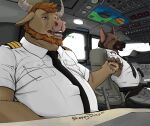 abdominal_bulge absurd_res aircraft airliner airplane anthro belly belly_overhang big_belly bovid bovine brown_body brown_fur canid canine canis cattle chair clothing cockpit concorde_(aircraft) dessert detailed detailed_background domestic_dog doughnut duke_(sheppyduke) duo food fur furniture german_shepherd herding_dog hi_res horn male male/male mammal musclegut overweight overweight_male pastoral_dog pilot pilot_uniform sheppyduke sitting uniform