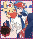  1boy :o alternate_costume apron blue_eyes blue_hair blue_necktie blush border cherry chocolate collared_shirt commentary_request eating eyelashes food fruit gloves grusha_(pokemon) highres holding long_hair looking_at_viewer male_focus mocacoffee_1001 necktie open_mouth orange_apron pants pikachu pokemon pokemon_(creature) pokemon_sv shirt signature teeth tongue upper_teeth_only visor_cap waist_apron white_shirt 